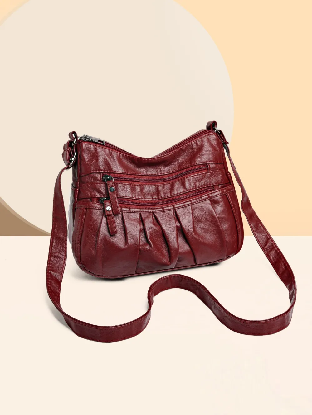 PU Leather Ruched Adjustable Strap Shoulder Bag - Image 14