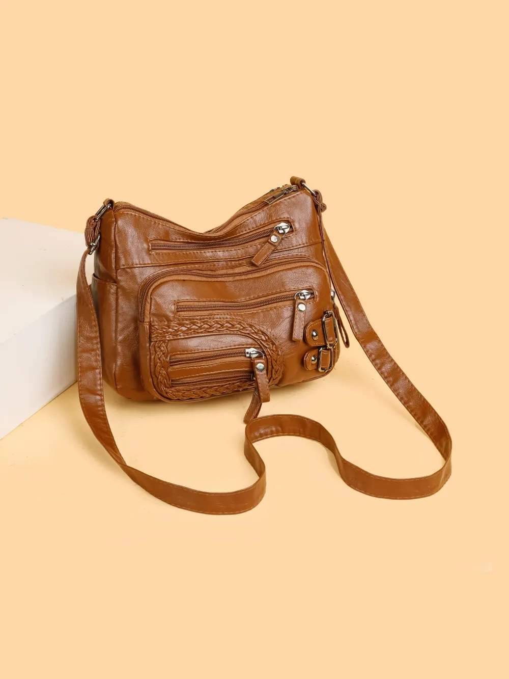Multi Pockets PU Leather Shoulder Bag - Image 3