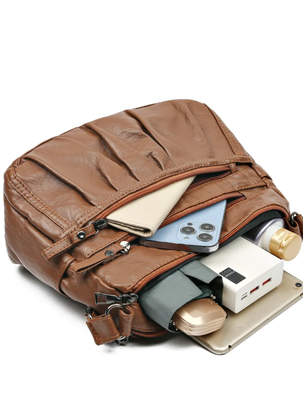 PU Leather Ruched Adjustable Strap Shoulder Bag - Image 2